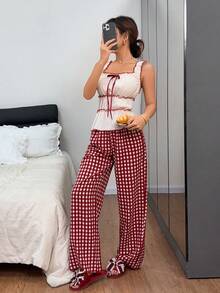 Napfluff Square Neck Camisole Top & Plaid Print Pants Women Pajama Set - Multicolor - View 3