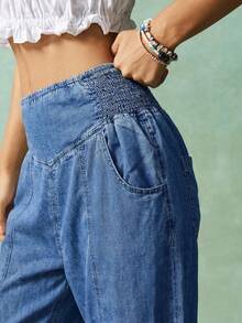 Bohemela Women's Solid Woven Denim Pants Vacation Light Blue Autumn Casual - Light Wash - View 7