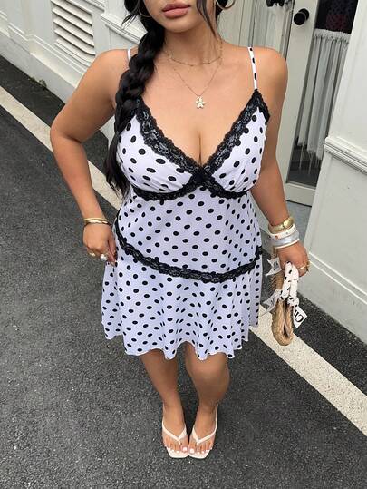 Sunnyshic 大码女式蕾丝拼接波点休闲派对吊带裙