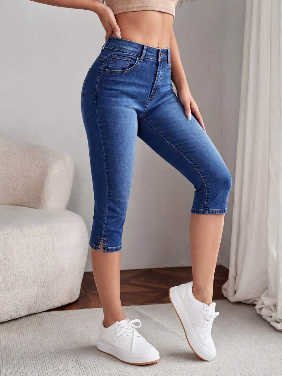 Breezaya Quần jeans nữ cỡ lớn có túi, cài nút, kiểu dáng thường ngày, dài đến 7/8, đa năng. - Màu xanh lam - Xem 1