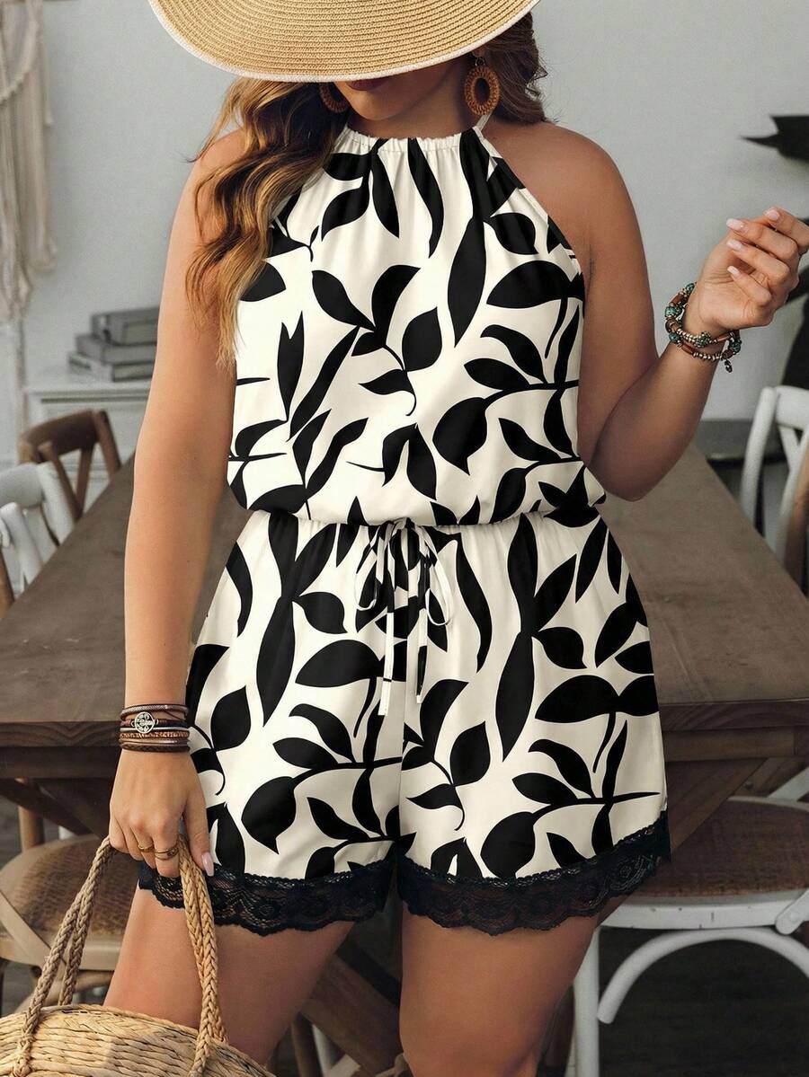 Bộ jumpsuit cỡ lớn in hình lá cây mùa lễ hội, thích hợp cho các buổi đi chơi, kỳ nghỉ xuân/hè và các dịp khác, jumpsuit cỡ lớn với ren tương phản. - màu đen - Xem 1