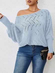 Vionelle 大码女式镂空不对称领休闲蝙蝠袖套头毛衣，适合秋冬季穿着 - 薄荷藍 - 查看 7