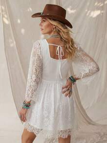 Wildy Váy ngắn mùa hè cơ bản dành cho nữ, phong cách BOHO, kiểu miền Tây, thích hợp cho lễ hội nhạc đồng quê, phối ren và các mảng màu, thích hợp đi làm. - trắng - Xem 2