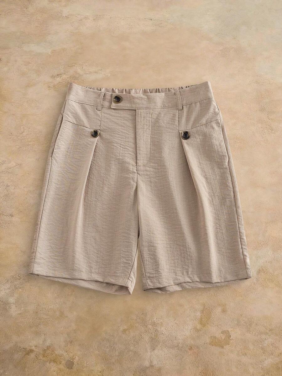 VENTUSAIL Men's Solid Color Pleated Waist Belt Loop Casual Summer Textured Fabric Shorts - Khaki - View 1