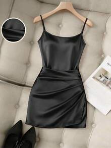 Franclia Đầm dự tiệc không tay, xếp ly eo, dáng ôm bất đối xứng bằng vải satin thời trang mới dành cho nữ, đầm satin, đầm xuân/hè, đầm dự tiệc thanh lịch, đầm dự tiệc, trang phục ngày lễ, trang phục ngày Valentine, đầm màu mơ, đầm gợi cảm, đầm không tay. - màu đen - Xem 4