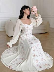Vestido de mujer con mangas abullonadas y estampado elegante - Rosa - Ver 3