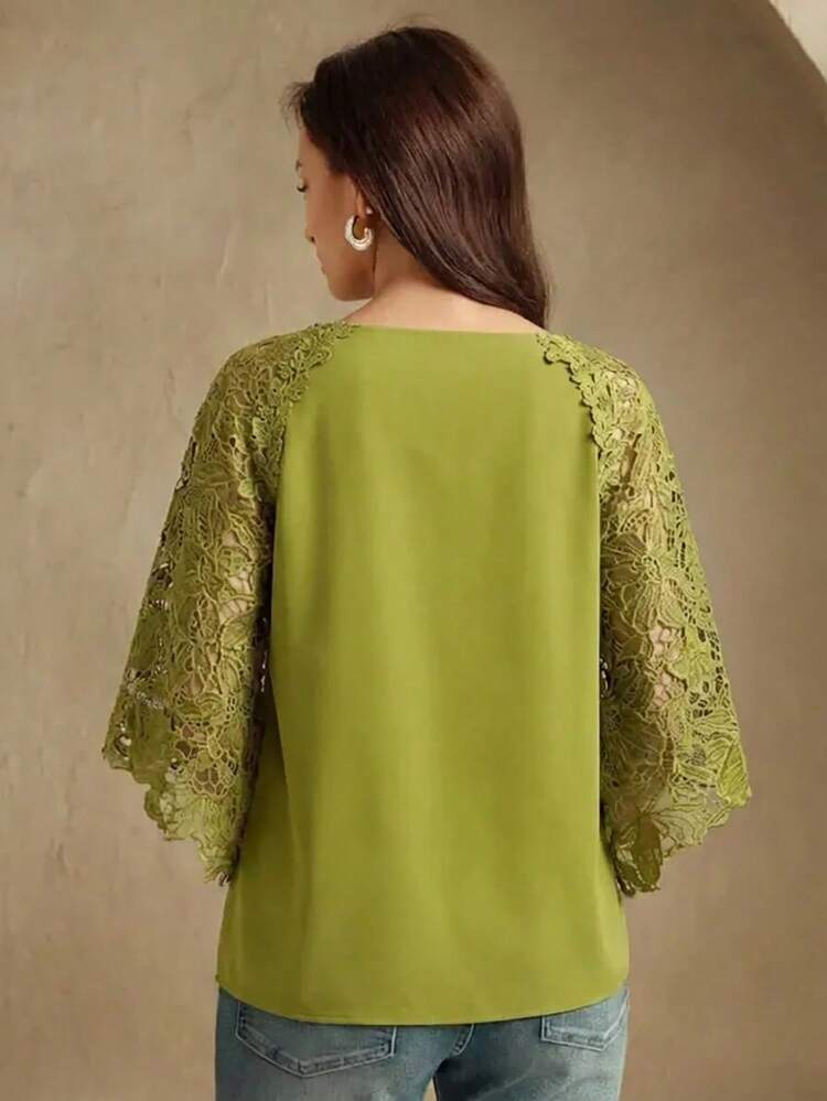 New Elegant Fashion Lace Patchwork Green Flare Sleeve Blouse For Women, Suitable For Spring/Summer, Outdoor, New Year Party