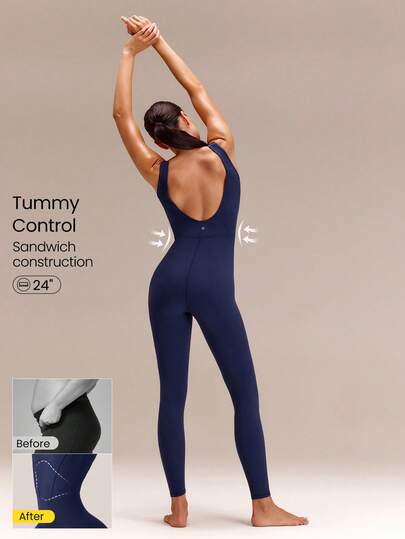 GLOWMODE 24" FeatherFit™ Tummy Control Open Back Gym Yoga Pilates Sports Jumpsuit Bodysuit Elegant For Woman