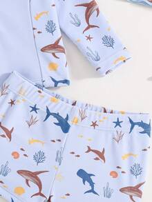 Cozy Pixies Newborn Baby 3pcs Set: Long Sleeve Top With Ocean Creature Print, Elastic Waist Shorts, And Swimming Cap - Baby Blue - View 5