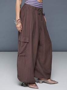 COUREZ Calças cargo largas com gancho baixo em linho / Looks de verão Y2K para mulheres, calças de verão, looks para sair, looks para festa, looks para festival, roupas de verão para mulheres, looks de primavera para mulheres - Castanho - Ver 5