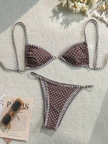 Swim Mod 女款棕色波點比基尼兩件套，可愛夏季海灘度假泳衣，珍珠裝飾熱帶格紋飾邊泳裝，波西米亞西式泳池派對風 - 彩色 - 查看 4