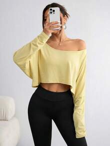 Flirla Kaos Wanita Kasual Warna Polos Leher Asimetris Lengan Panjang - Kuning muda - View 5