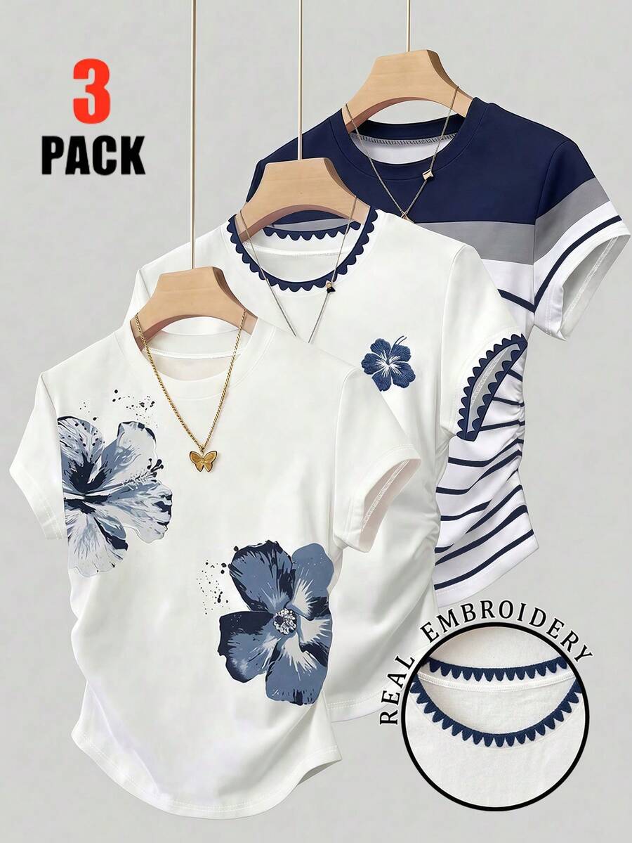 Set de 3 camisetas casuales minimalistas para niñas, en blanco, azul marino, a rayas, estampado floral, bordado de dientes de perro, de vuelta al colegio, ropa casual - Multicolor - Ver 1