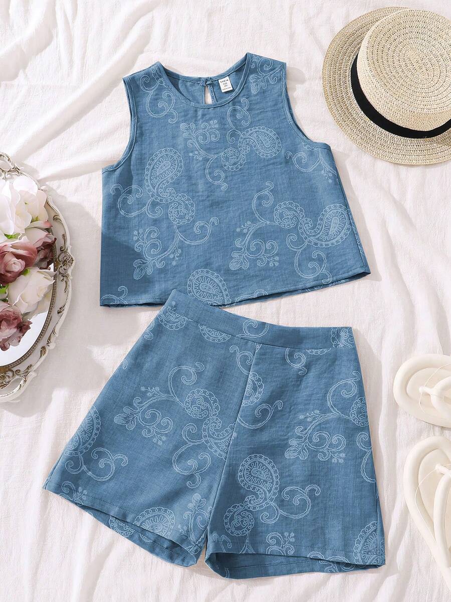 SHEIN Sparklyn 青少年女孩無袖上衣與短褲套裝，白色印花，可愛，校園，返校季