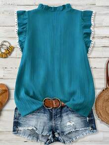 Linhara Plus Size Women V-Neck Floral Embroidery Pattern Casual Versatile Daily Wear Shirt - Teal Blue - View 2