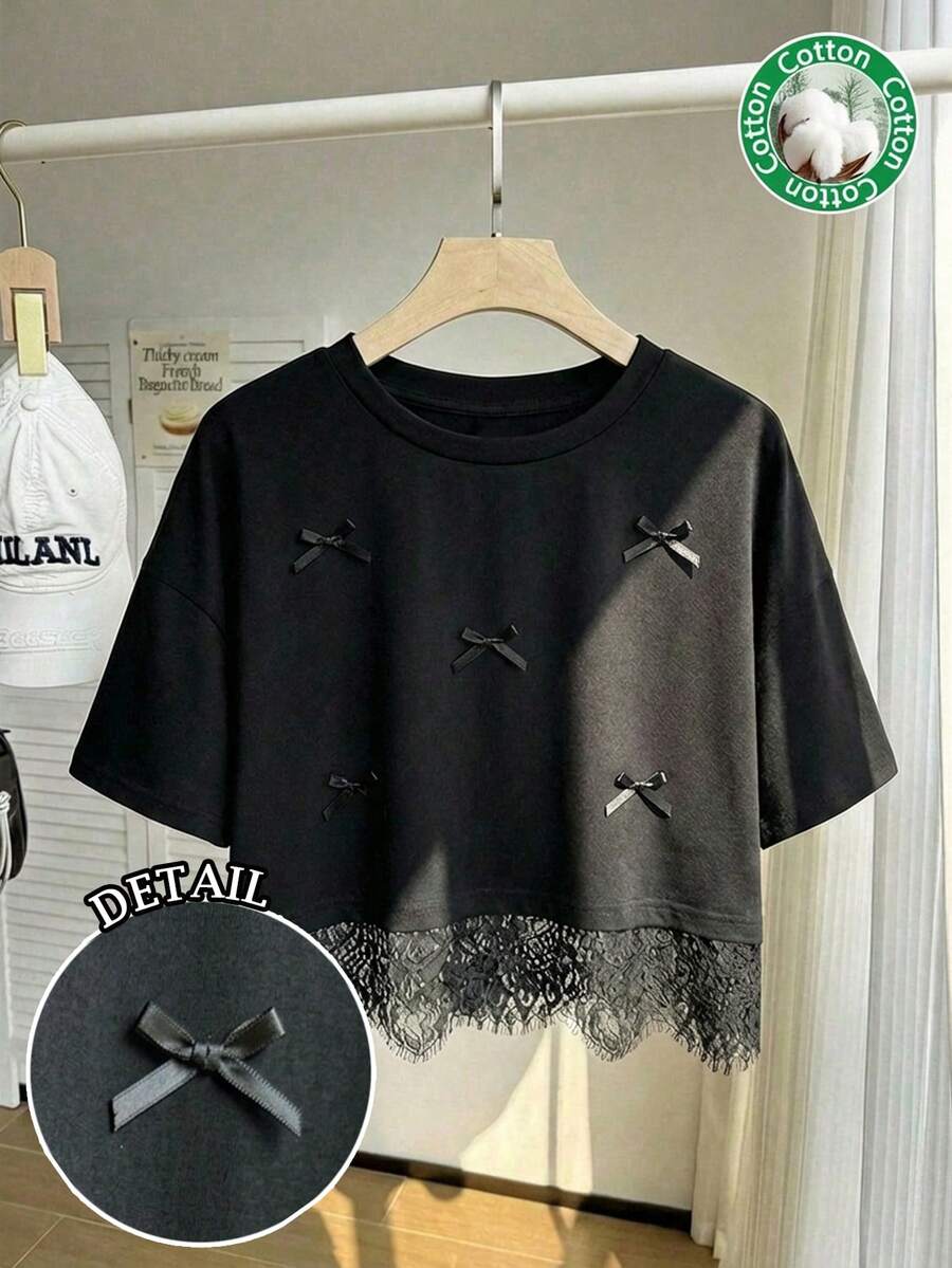 Comfortcana Áo thun nữ cỡ lớn tay ngắn màu đen, cổ tròn, viền ren, dáng rộng - màu đen - Xem 1