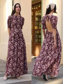 Đầm maxi chữ A in họa tiết retro dành cho nữ - màu nâu - Xem 4
