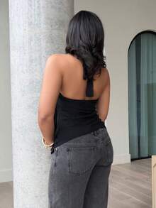 LHSEPT 女士优雅多层荷叶边立领修身背心 - 黑色 - 查看 2