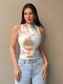 Siren Gaze Camiseta ajustada con pliegues y estampado de teñido anudado elegante para mujer, de verano - Multicolor - Ver 2