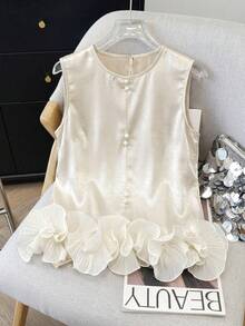 Franclia Women's Elegant Satin Double-Layer Frill Trim Sleeveless Tank Top, Suitable For Spring/Summer Outings And Dates - Apricot - View 3