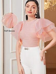 Modelyn Camiseta unicolor de malla de manga mariposa - Rosa Pálido - Ver 2