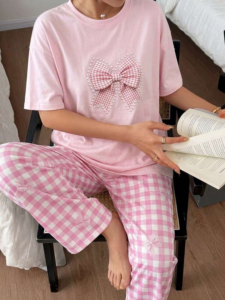 2pcs/Set Women's Loose Fit Pink Bow Graphic Short Sleeve T-Shirt And Plaid Straight Leg Long Pajama Pants Sleepwear Set, Summer