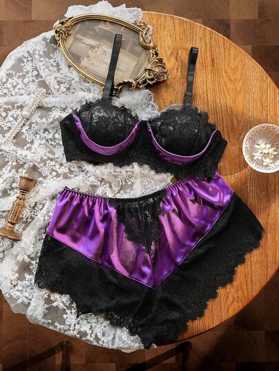 Divavoom 2pcs Plus Size Sexy Series Taffeta & Lace Contrast Color Padded Bra Set
