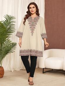 Lacomfia Plus Size Women Elegant 90s Traditional Whimsical Loose Comfortable Long Casual Printed T-Shirt Airport Bussines Vacation Beige Autumn - Khaki - View 3