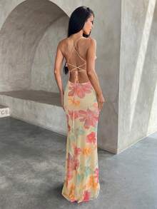 Aloruh 女士优雅印花荷叶边连衣裙，吊带修身度假连衣裙，春夏款 - 彩色 - 查看 2