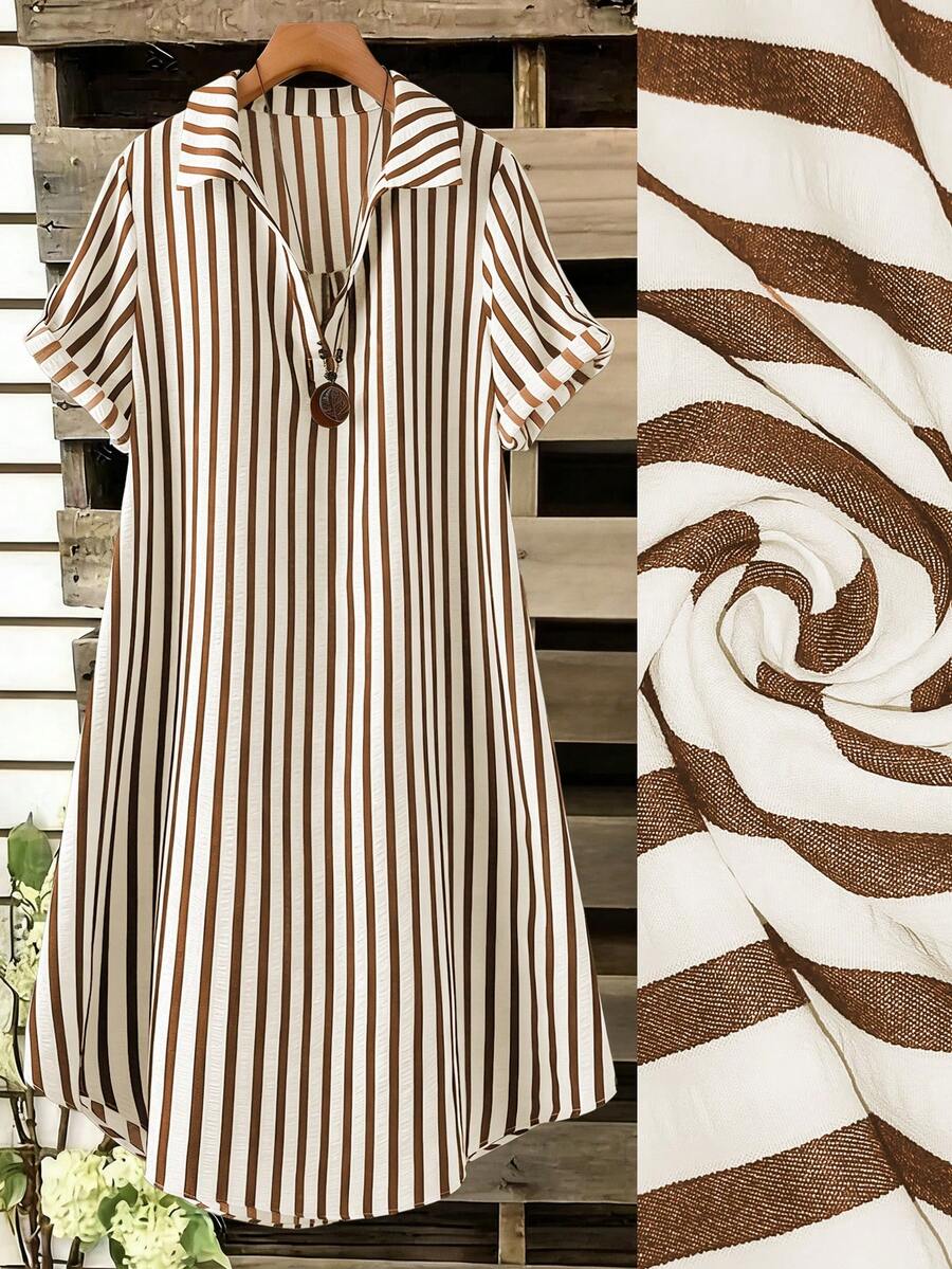 SHEIN Tall CURVE Đầm ngắn tay cổ chữ V kiểu Pháp dáng rộng dành cho nữ cỡ lớn, thích hợp mặc mùa hè. - màu nâu - Xem 1