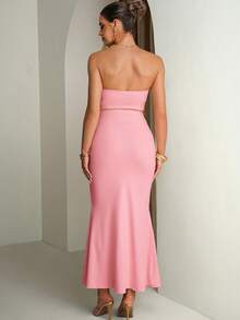 MaterniChic Maternity Solid Color Ruffle Hem Tube Top And Fitted Skirt Elegant 2-Piece Set - Pink - View 2