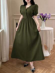 Feyla Gaun Lengan Pendek Polos Elegan untuk Wanita - Hijau Tentara - View 4