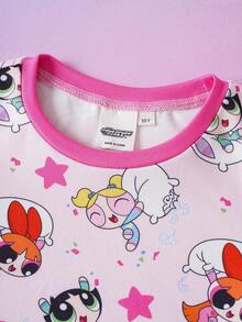 THE POWERPUFF GIRLS X SHEIN 少女卡通印花短袖上衣和短裤修身家居服 - 粉色 - 查看 3