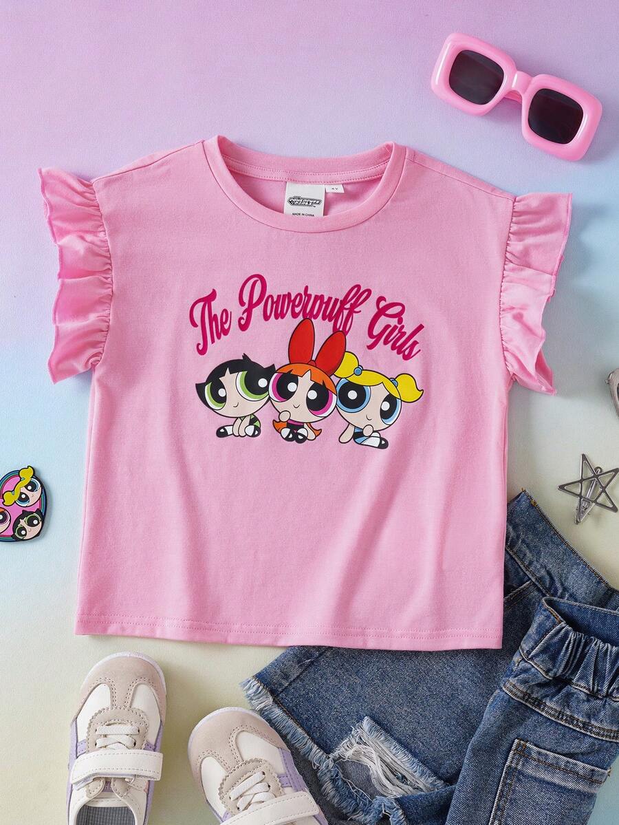 THE POWERPUFF GIRLS X SHEIN 女童卡通印花圆领T恤 - 粉色 - 查看 1