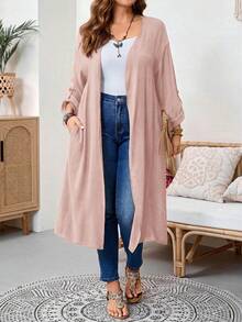 Plus Size Women Solid Color Casual Versatile Daily Wear Jacket - Pink - View 5