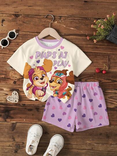 SHEIN | PAW Patrol 女童字母卡通印花圆领短袖T恤搭配爱心印花短裤休闲套装