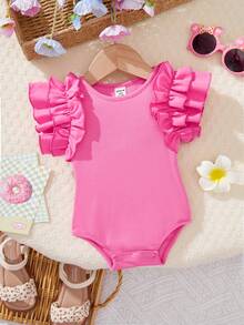 SHEIN Newborn Baby Girl Cute Pink Ruffles Bodysuit, Casual Summer - Pink - View 7