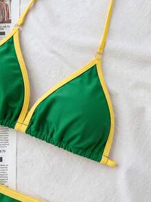 SHEIN 少女纯色简约海军蓝白撞色吊带比基尼套装，休闲沙滩度假装，夏季新款绿色黄色比基尼泳衣，青少年两件式比基尼套装，少女比基尼套装，少女泳装，两件式夏季套装，两件式泳衣 - 墨綠色 - 查看 5