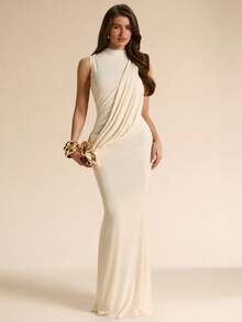 SHEIN BAE Cream White Elegant Formal Venus Dress, Sleeveless Backless Mesh Overlay Mermaid Hem, Summer Dresses For Women, Bridesmaid Day Party Wedding Dinner - Apricot - View 1