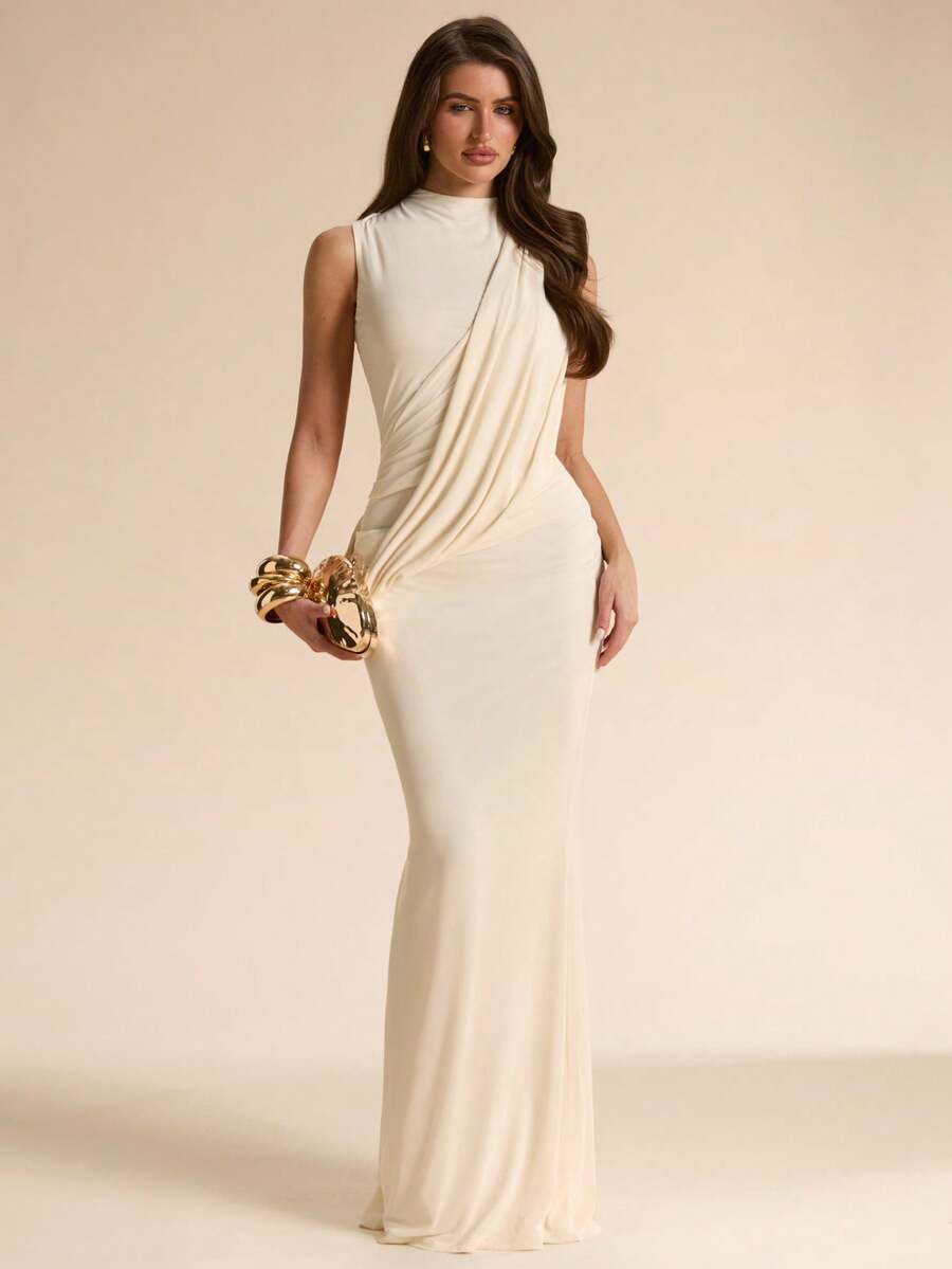 SHEIN BAE Cream White Elegant Formal Venus Dress, Sleeveless Backless Mesh Overlay Mermaid Hem, Summer Dresses For Women, Bridesmaid Day Party Wedding Dinner - Apricot - View 1