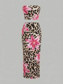 SHEIN Tween Girl Slim Fit Casual Minimalist Comfortable Tie-Dye Floral Pattern Tank Top & Bodycon Skirt Set Tween Girl - Multicolor - View 2
