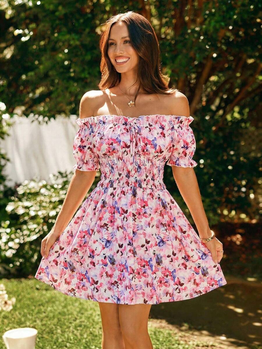 KARISMINA Rochie de vacanță de primăvară/vară, cu imprimeu floral, țesătură, cu umeri goi, în linie A, cu talie strâmtă, rochie de vară, plajă, romantică - Roz - Vizualizare 1