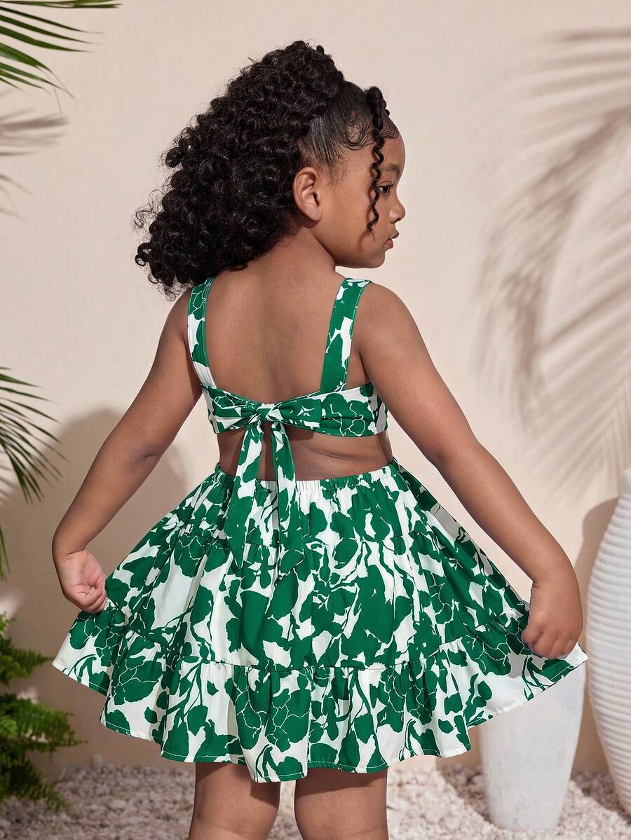 Young Girl Summer New Chiffon Floral Hollow-Out Bow Back Strap Dress, Suitable For Beach, Vacation, Outdoor Activities - Green - View 1