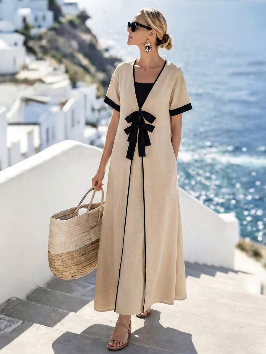 SHEIN LUNE Đầm dài 2 trong 1 màu be và đen thắt nơ, phong cách nghỉ hè dành cho nữ. - Màu Khaki - Xem 1