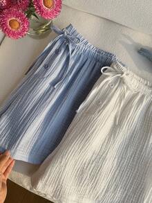 Comfortcana Plus Size Women Drawstring Waist Blue And White Casual Versatile Daily Wear Shorts Shorts 2 Piece Linens Linen Short Sets Two Piece Set For Ladies Shorts Loungewear Summer - Multicolor - View 6