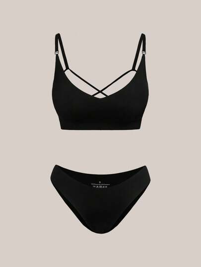 Barelissa 2件套女士简约纯色无钢圈交叉后背文胸和内裤套装