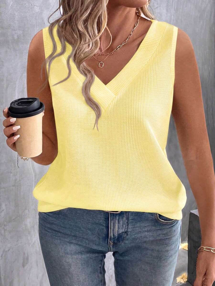 Selamara New Arrival Plus Size Women Casual Yellow Waffle V-Neck Layered Vest - Yellow - View 1