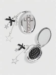 ROMWE Kawaii 1Pc Punk Style Rivet Cross Foldable Comb & Mirror Set, Back To School & Graduation Season Air Cushion Comb, DIY Portable Pocket Comb Mirror For Punk Vibes - Grey 1 - View 3
