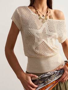 Bohemela Women's Minimalist Hollow-Out Five-Pointed Star Knit Top - Apricot - View 9