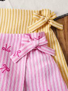 SHEIN LMoss Kids Young Girl Bow Embroidered Wrap Casual Shorts For Summer - Multicolor - View 12